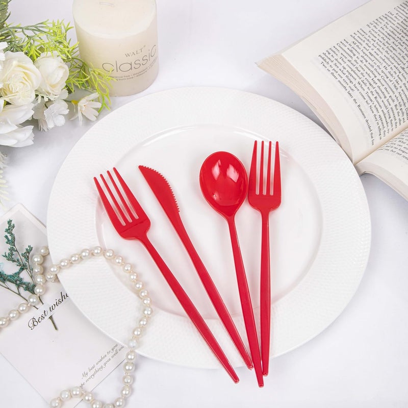 PULOTE 150PCS Red Plastic Silverware Set - Heavy Duty Plastic Cutlery - Red Utensils Disposable Include 50 Forks, 50 Spoons, 50 Knives for Party & Valentines Day - Image 3